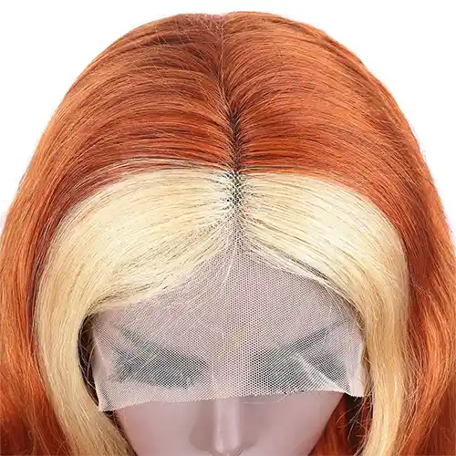 Virgin Ginger Hair With Blonde Skunk Stripe Hair Highlight Wig Straight Ginger Color With #613 Blonde Streaks Skunk Stripe Wig
