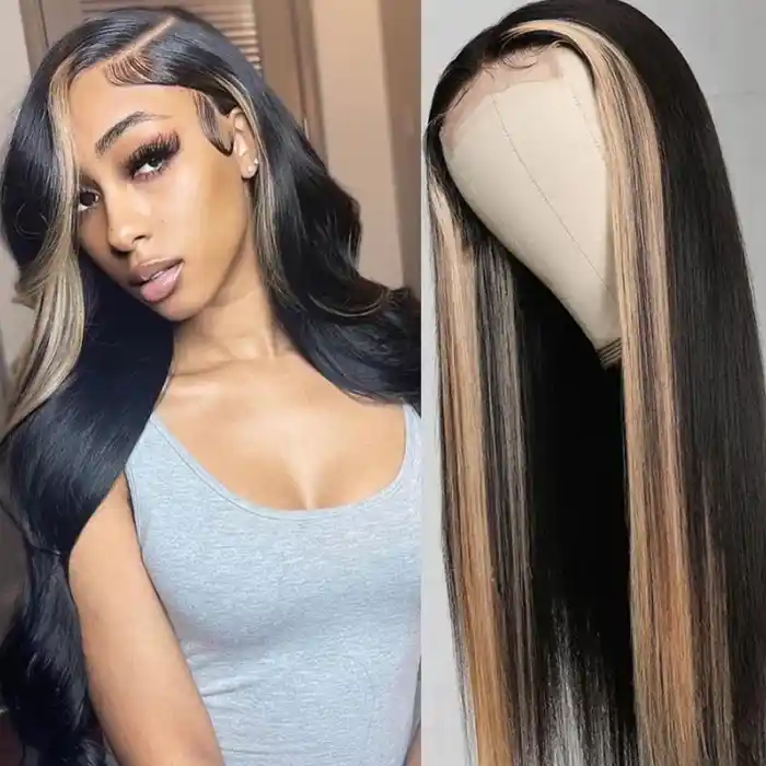 Virgin Skunk Stripe Wig Black Wig With Highlights Straight Lace Frontal Wig With Highlights Streaks In Front