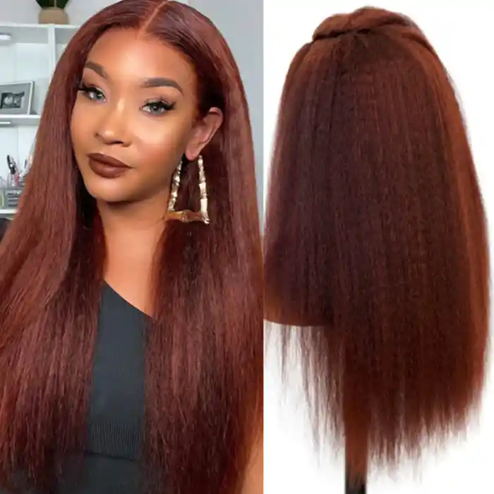Virgin Reddish Brown Kinky Straight Wig 13x4/13x6 HD Lace Frontal Wig Kinky Straight Dark Auburn Copper Color