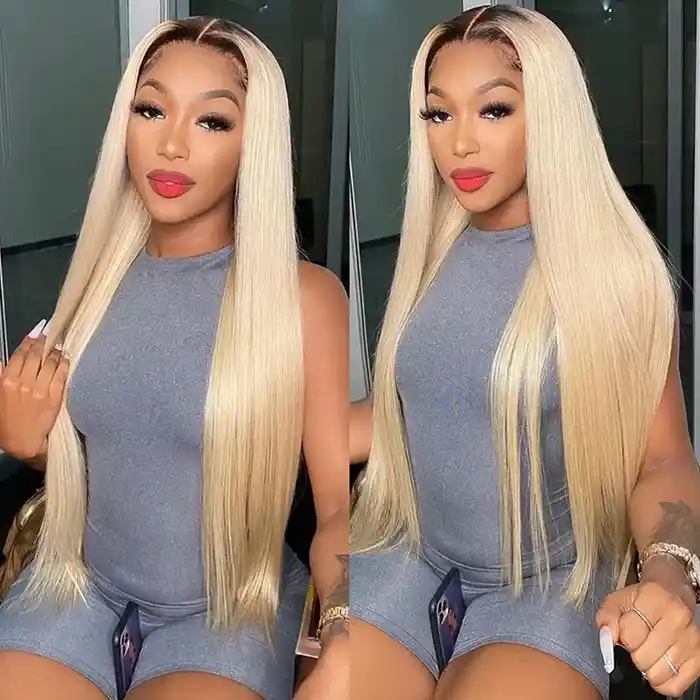 Virgin #1B/613 Blonde Straight Wig With Dark Roots Blond Straight Lace Closure Frontal Wigs