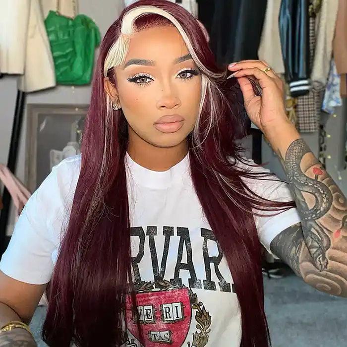 Virgin #613 99J Burgundy Skunk Stripe Wig Highlights Straight Closure Frontal Wigs