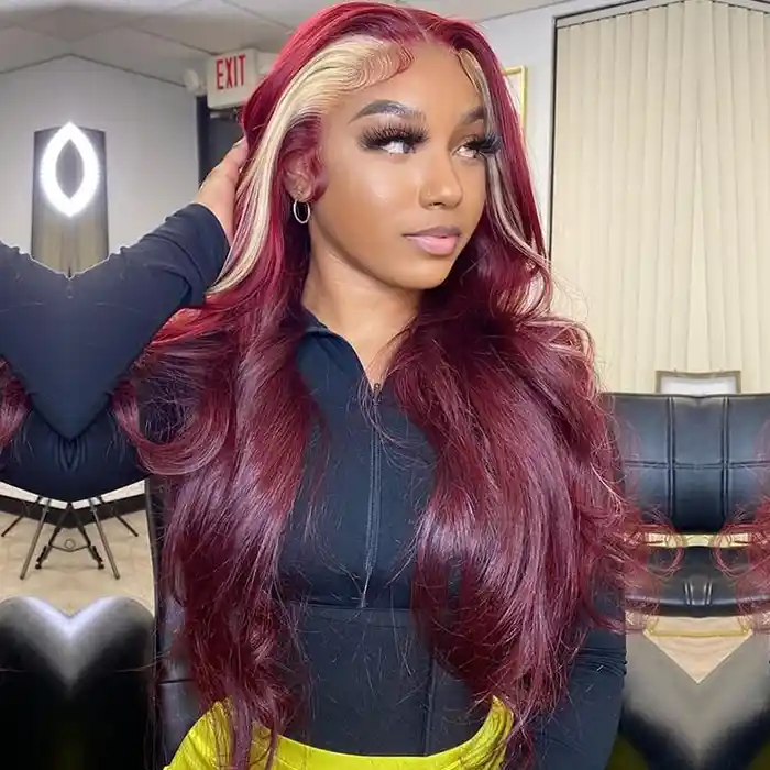 Virgin #613 99J Burgundy Skunk Stripe Wig Highlights Straight Closure Frontal Wigs