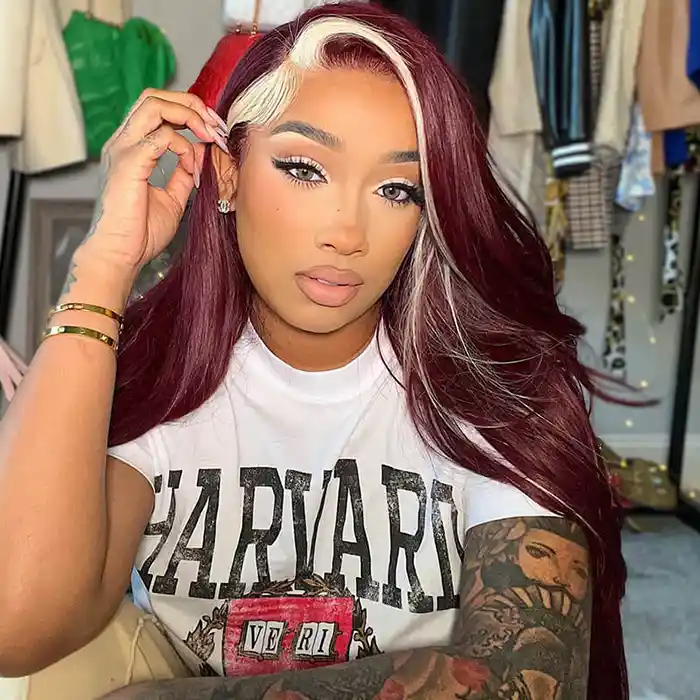 Virgin #613 99J Burgundy Skunk Stripe Wig Highlights Straight Closure Frontal Wigs