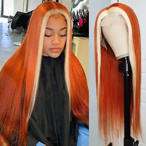 Virgin Ginger Hair With Blonde Skunk Stripe Hair Highlight Wig Straight Ginger Color With #613 Blonde Streaks Skunk Stripe Wig