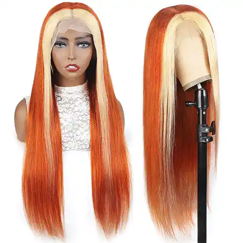 Virgin Ginger Hair With Blonde Skunk Stripe Hair Highlight Wig Straight Ginger Color With #613 Blonde Streaks Skunk Stripe Wig