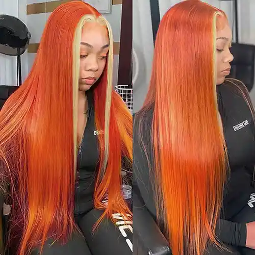 Virgin Ginger Hair With Blonde Skunk Stripe Hair Highlight Wig Straight Ginger Color With #613 Blonde Streaks Skunk Stripe Wig