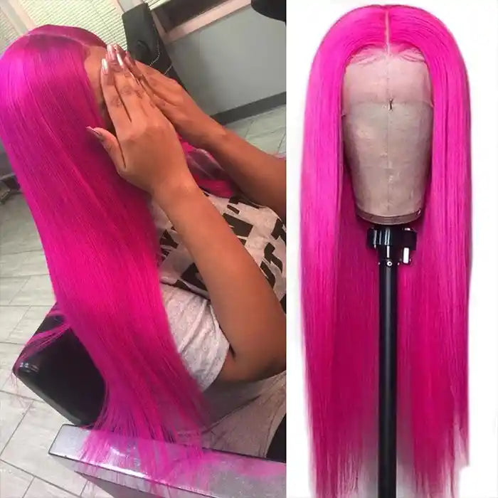 Hot Pink Straight Human Hair Wigs 