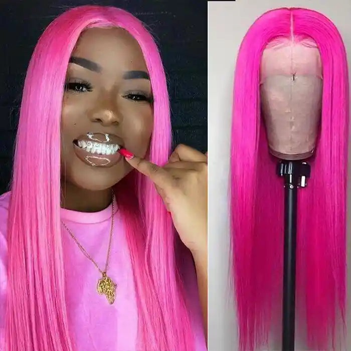 Hot Pink Straight Human Hair Wigs 