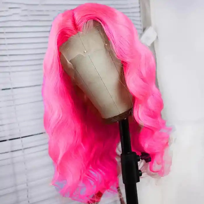 Hot Pink Straight Human Hair Wigs 