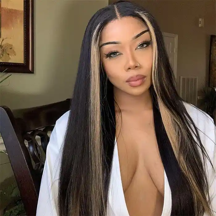 Virgin Skunk Stripe Wig Black Wig With Highlights Straight Lace Frontal Wig With Highlights Streaks In Front