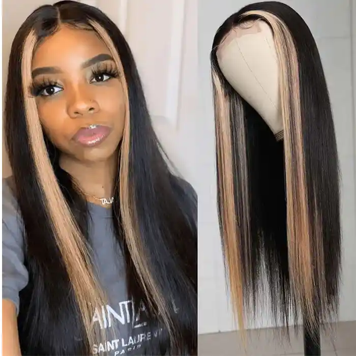 Virgin Skunk Stripe Wig Black Wig With Highlights Straight Lace Frontal Wig With Highlights Streaks In Front
