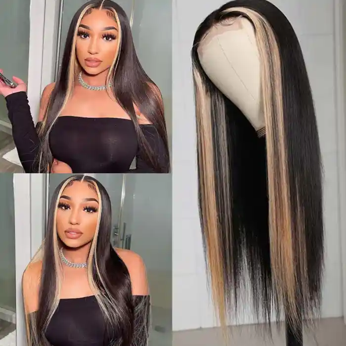 Virgin Skunk Stripe Wig Black Wig With Highlights Straight Lace Frontal Wig With Highlights Streaks In Front