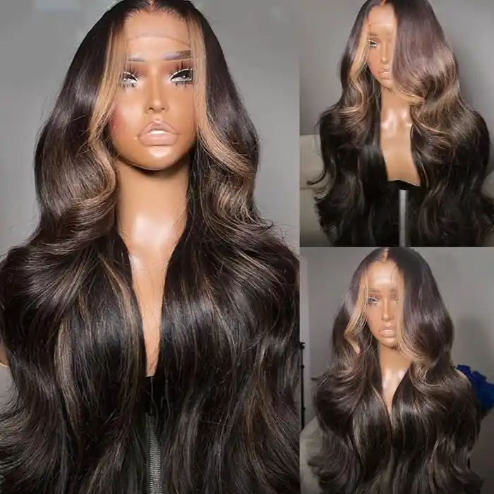 Virgin Skunk Stripe Wavy Wig Highlight in Chocolate Brown Color 13x6/13x4 HD Frontal Wig