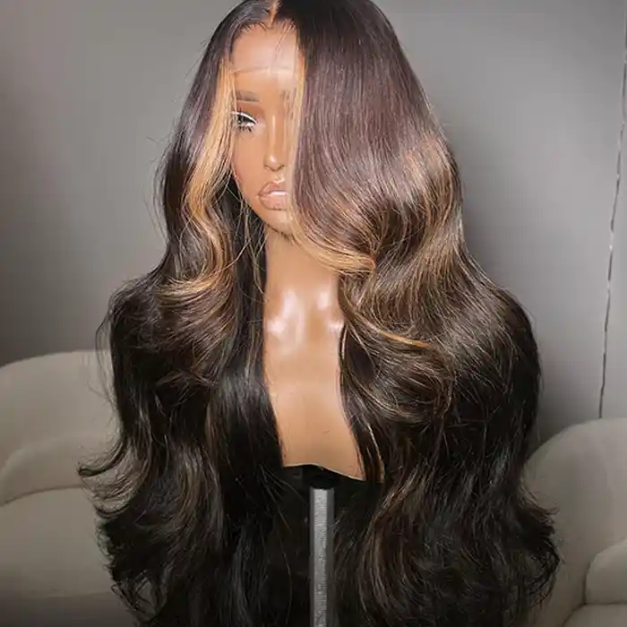 Virgin Skunk Stripe Wavy Wig Highlight in Chocolate Brown Color 13x6/13x4 HD Frontal Wig