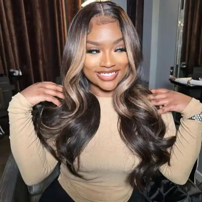 Virgin Skunk Stripe Wavy Wig Highlight in Chocolate Brown Color 13x6/13x4 HD Frontal Wig