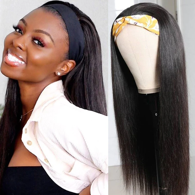 Virgin Hair Straight Hair Headband Wigs 160% 200% Density Glueless None Lace Wig