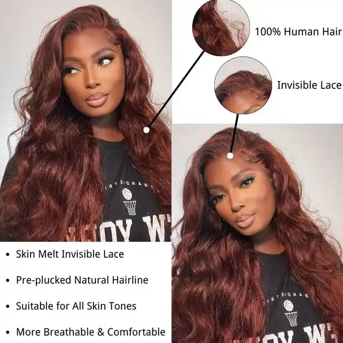 Virgin Reddish Brown Wig Wavy 13x4/13x6 Lace Frontal Wig Body Wave Dark Auburn Copper Color HD Wigs