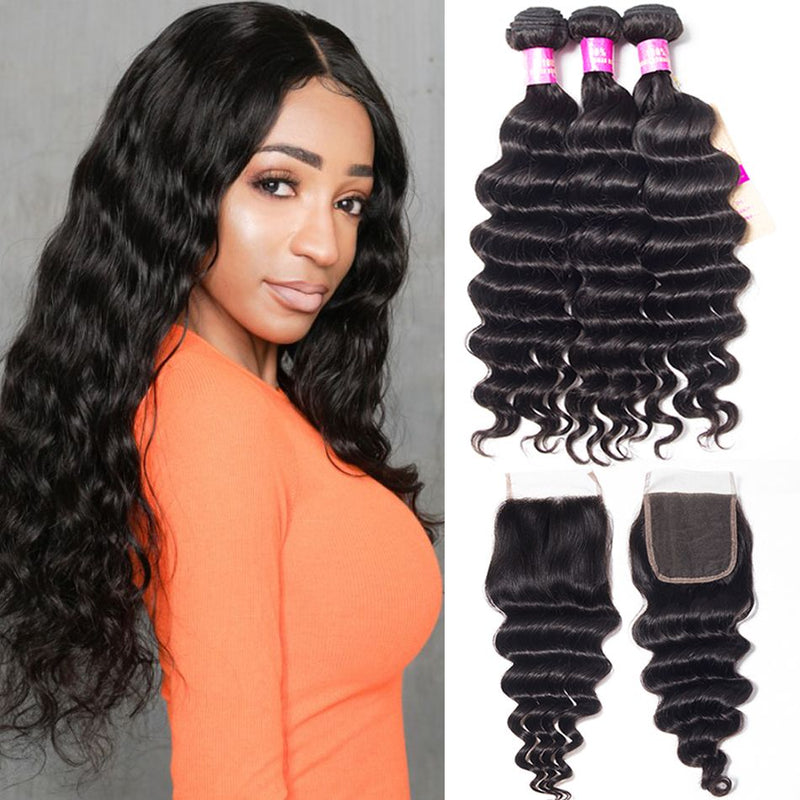 Wholesale bundle deal loose deep 3 or 4 Bundles with HD Transparent Closure