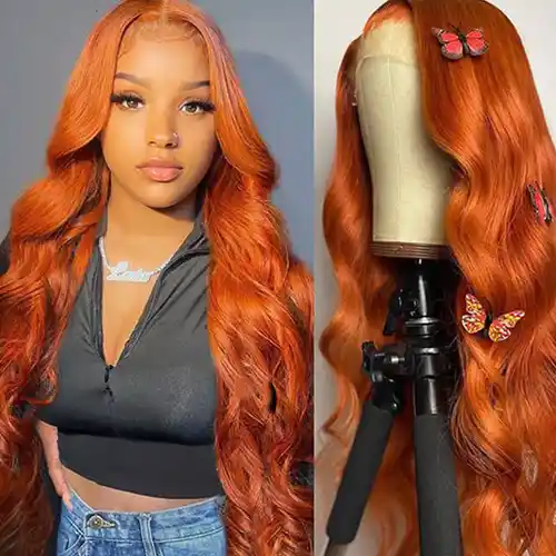 Virgin Ginger Orange Color Body Wave Frontal Wig Ginger Wavy Closure Wig