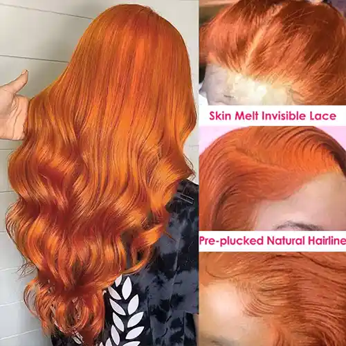 Virgin Ginger Orange Color Body Wave Frontal Wig Ginger Wavy Closure Wig