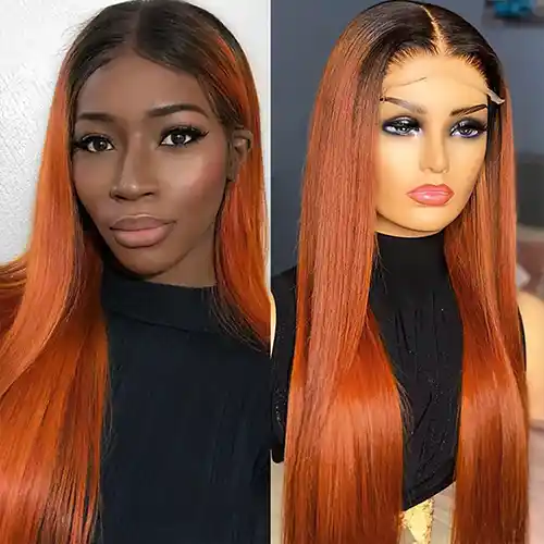 Virgin Ginger Orange Color Lace Frontal Wig Straight Ginger Orange With Dark Root Straight Closure Wig