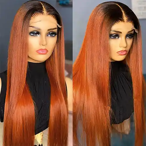 Virgin Ginger Orange Color Lace Frontal Wig Straight Ginger Orange With Dark Root Straight Closure Wig