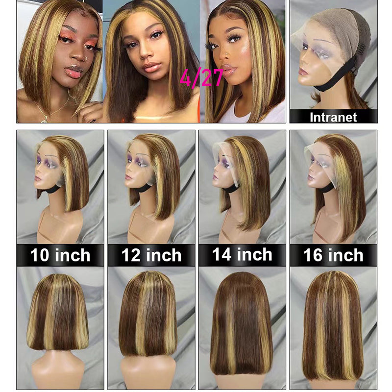 Virgin Hair Straight High Light Bob Wig P4/27 Short Bob Pre-Cut Lace Wigs 13x4 Full Lace Frontal Wigs