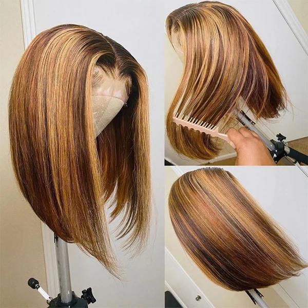 Virgin Hair Straight High Light Bob Wig P4/27 Short Bob Pre-Cut Lace Wigs 13x4 Full Lace Frontal Wigs