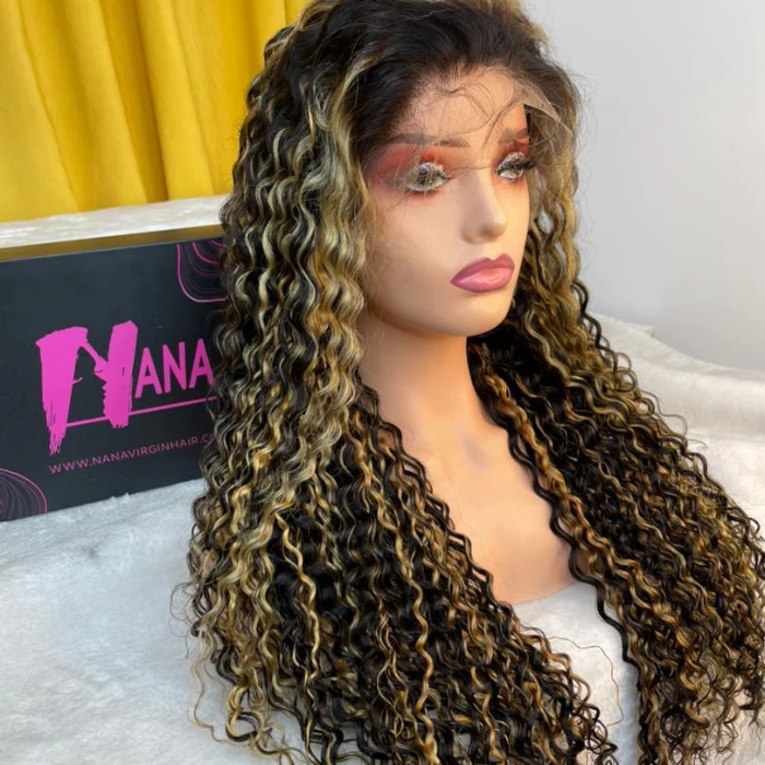 Virgin Water Wave Highlight Wig 13x4/13x6 HD Lace Frontal Wig #4/27 Piano Color Natural Wave Wig