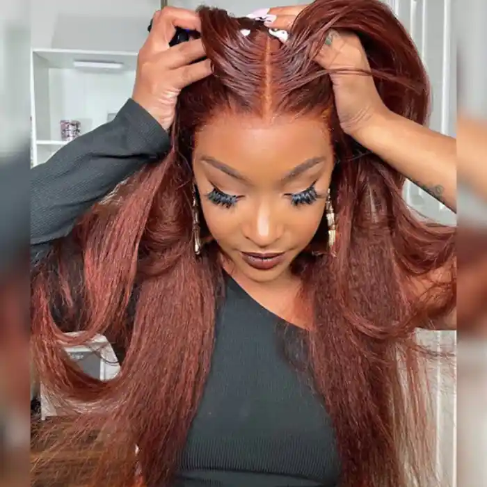 Virgin Reddish Brown Kinky Straight Wig 13x4/13x6 HD Lace Frontal Wig Kinky Straight Dark Auburn Copper Color