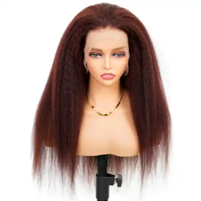 Virgin Reddish Brown Kinky Straight Wig 13x4/13x6 HD Lace Frontal Wig Kinky Straight Dark Auburn Copper Color