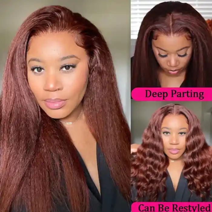 Virgin Reddish Brown Kinky Straight Wig 13x4/13x6 HD Lace Frontal Wig Kinky Straight Dark Auburn Copper Color