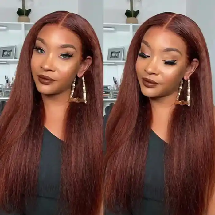 Virgin Reddish Brown Kinky Straight Wig 13x4/13x6 HD Lace Frontal Wig Kinky Straight Dark Auburn Copper Color