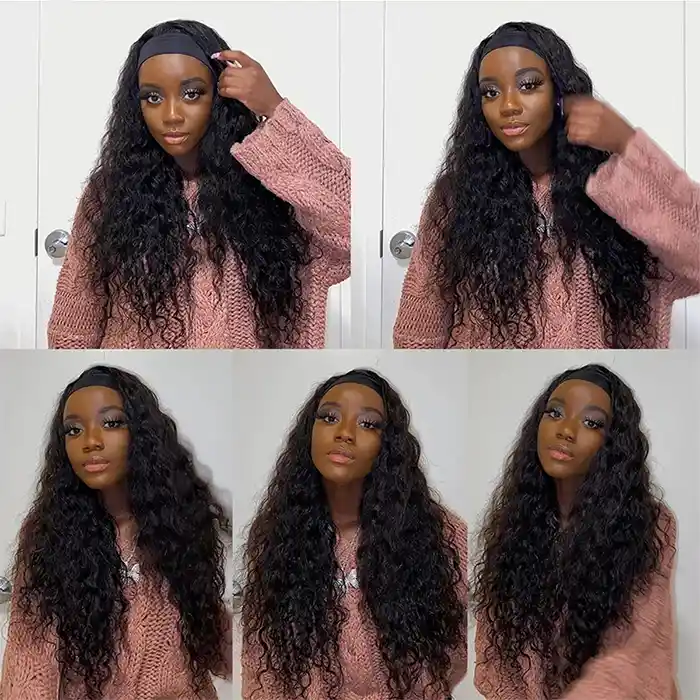 Raw/Virgin Loose Deep Headband Wig 160% 200% No Gel No Glue Silk Scarf Ocean Wave Headband Wigs