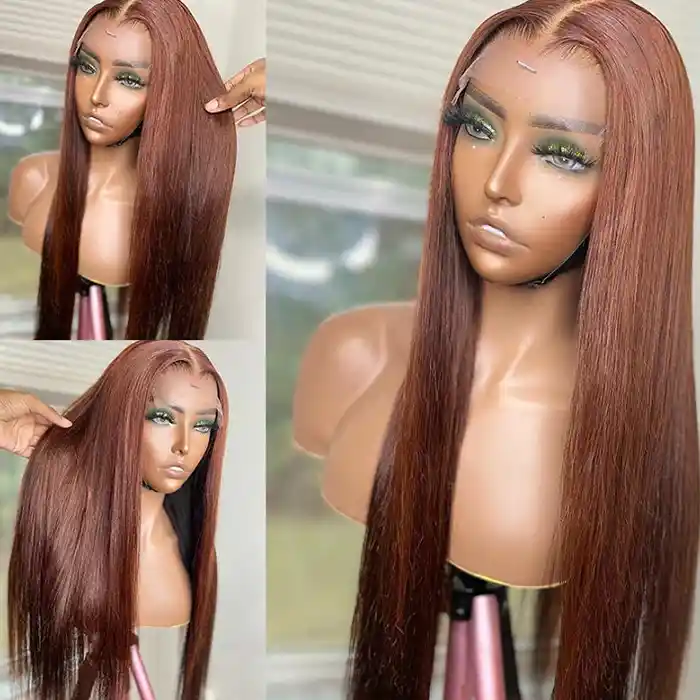 Virgin Reddish Brown Straight Wig Dark Auburn Copper Color For Dark Skins 13x4/13x6 HD Lace Frontal Wigs