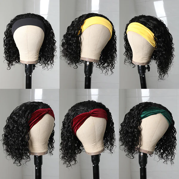 Virgin Hair Water Wave Hair Headband Bob Wigs Scarf Glueless Headband Bob Wig