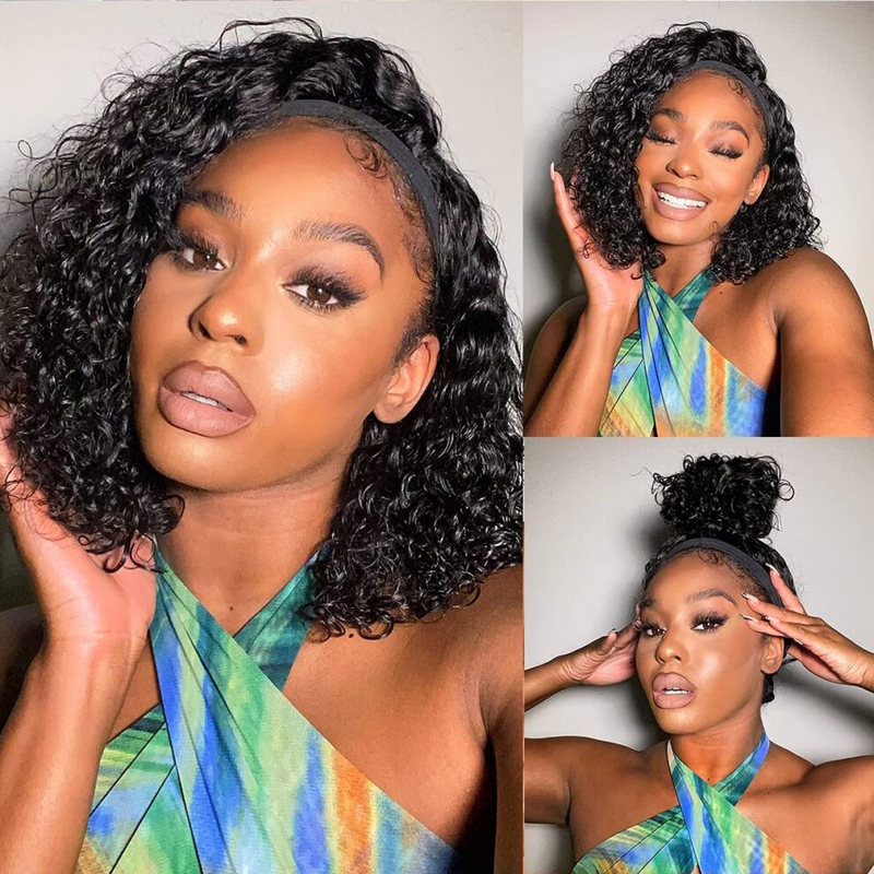 Virgin Hair Water Wave Hair Headband Bob Wigs Scarf Glueless Headband Bob Wig