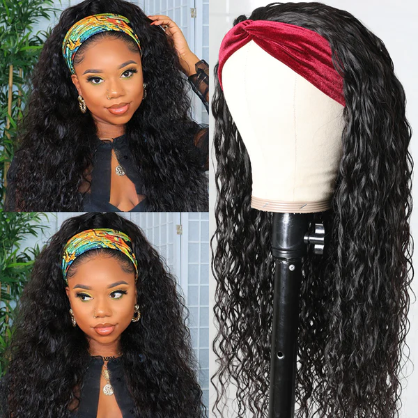 Virgin Hair Water Wave Wear And Go Glueless Headband Wigs No-Lace&No-Glue 160% 200% Density Natural Wave Headband Wigs