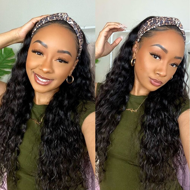 Virgin Hair Water Wave Wear And Go Glueless Headband Wigs No-Lace&No-Glue 160% 200% Density Natural Wave Headband Wigs