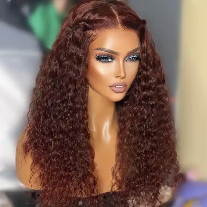 Virgin Reddish Brown Water Wave 13x4 13x6 HD Lace Frontal Wigs Dark Auburn Copper Color