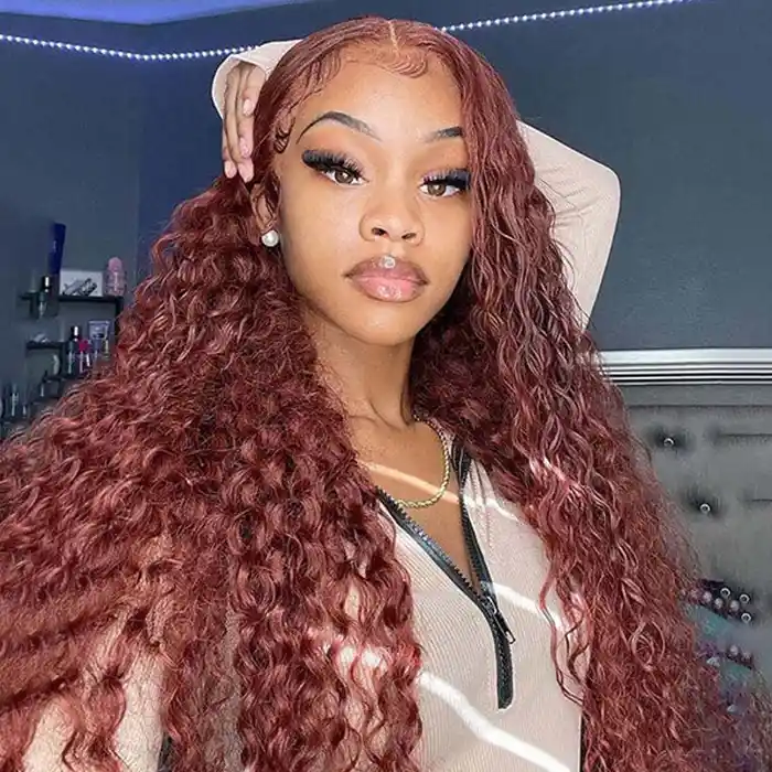 Virgin Reddish Brown Water Wave 13x4 13x6 HD Lace Frontal Wigs Dark Auburn Copper Color