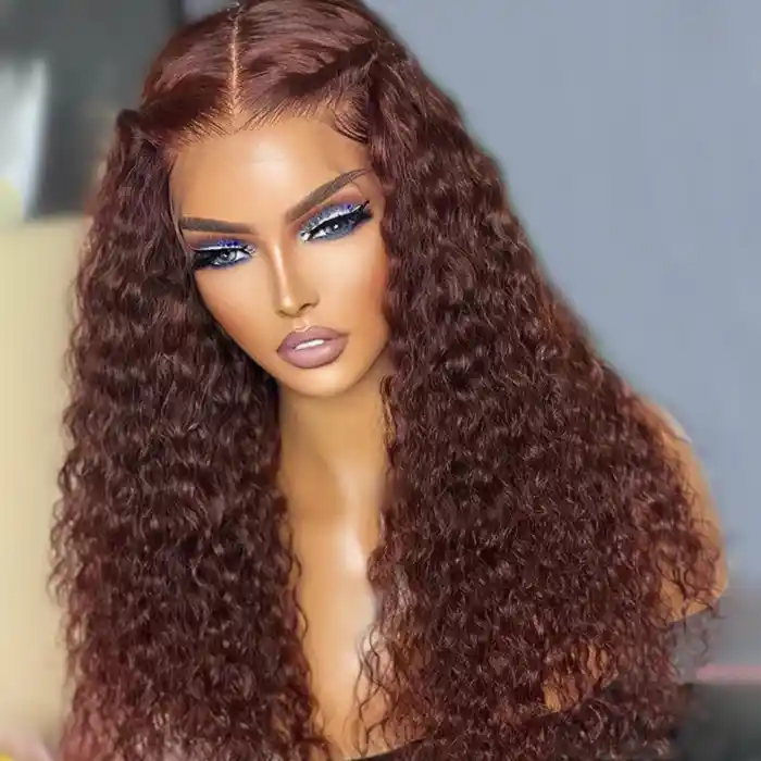 Virgin Reddish Brown Water Wave 13x4 13x6 HD Lace Frontal Wigs Dark Auburn Copper Color