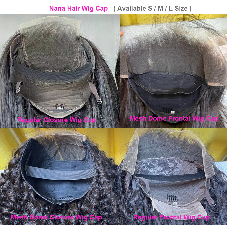 Comparison of different types of wig caps with text indicating size availability.